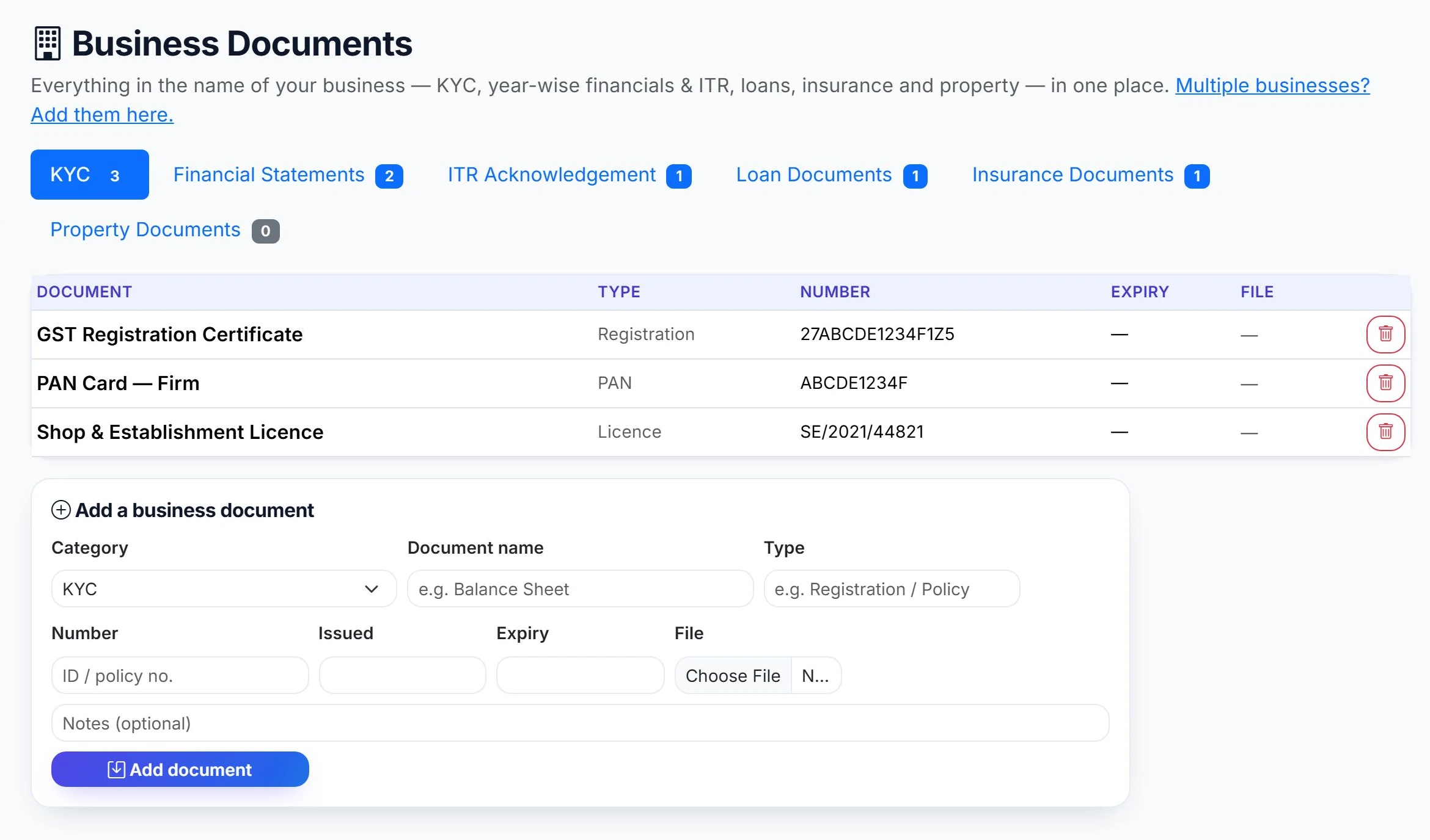 Business documents — KYC, financials, licences