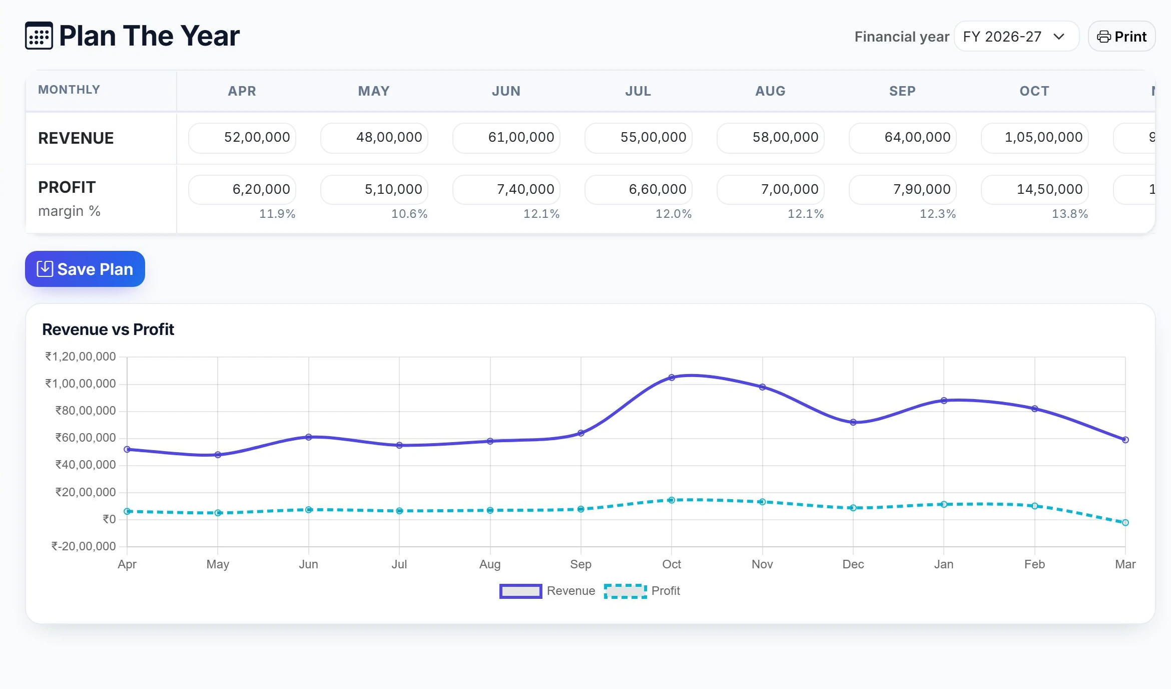 Plan the year — monthly revenue and profit targets