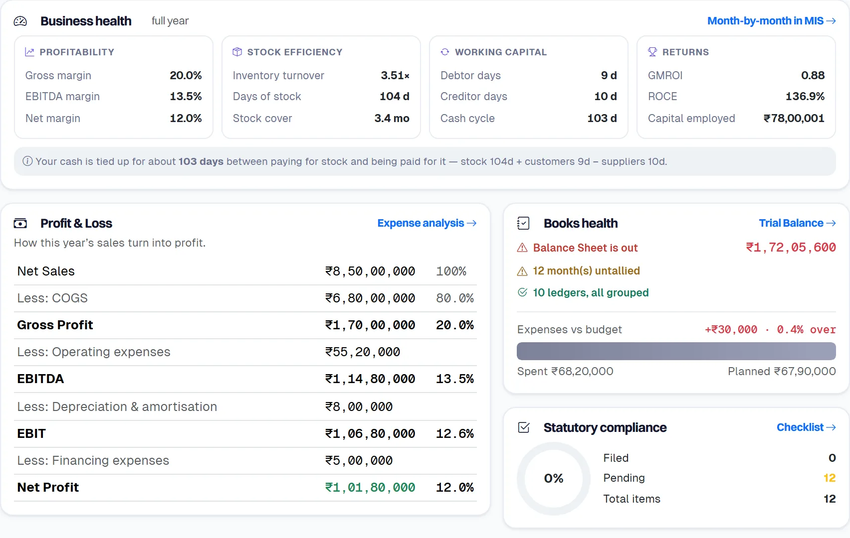 The Finance dashboard: business health ratios, the profit and loss statement and books health